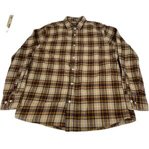 Eddie Bauer Men's Button Down Shirt XL Brown White Navy Orange Plaid 100% Cotton